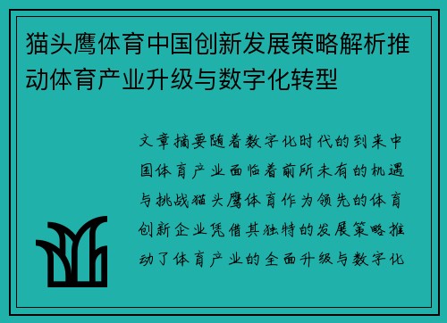 猫头鹰体育中国创新发展策略解析推动体育产业升级与数字化转型